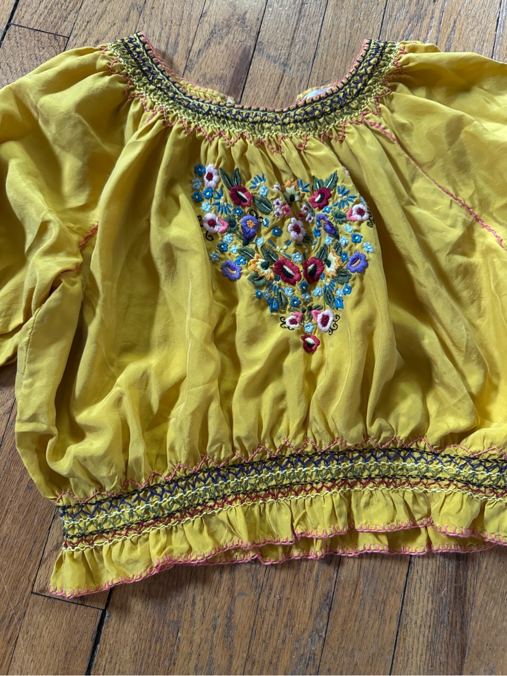 Doen Antonella Yellow Embroidered Cropped Peasant Top - Picture 2 of 4